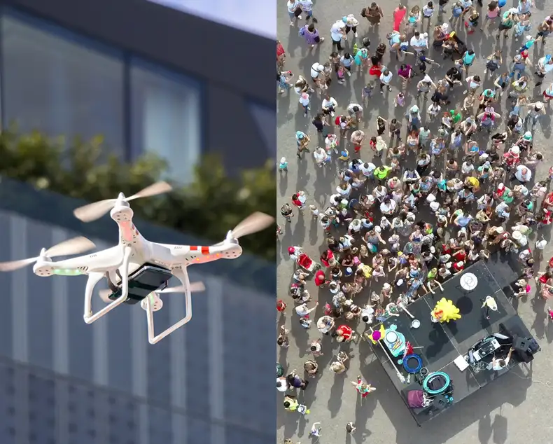 a radar mounted on a drone and a large crowd of people